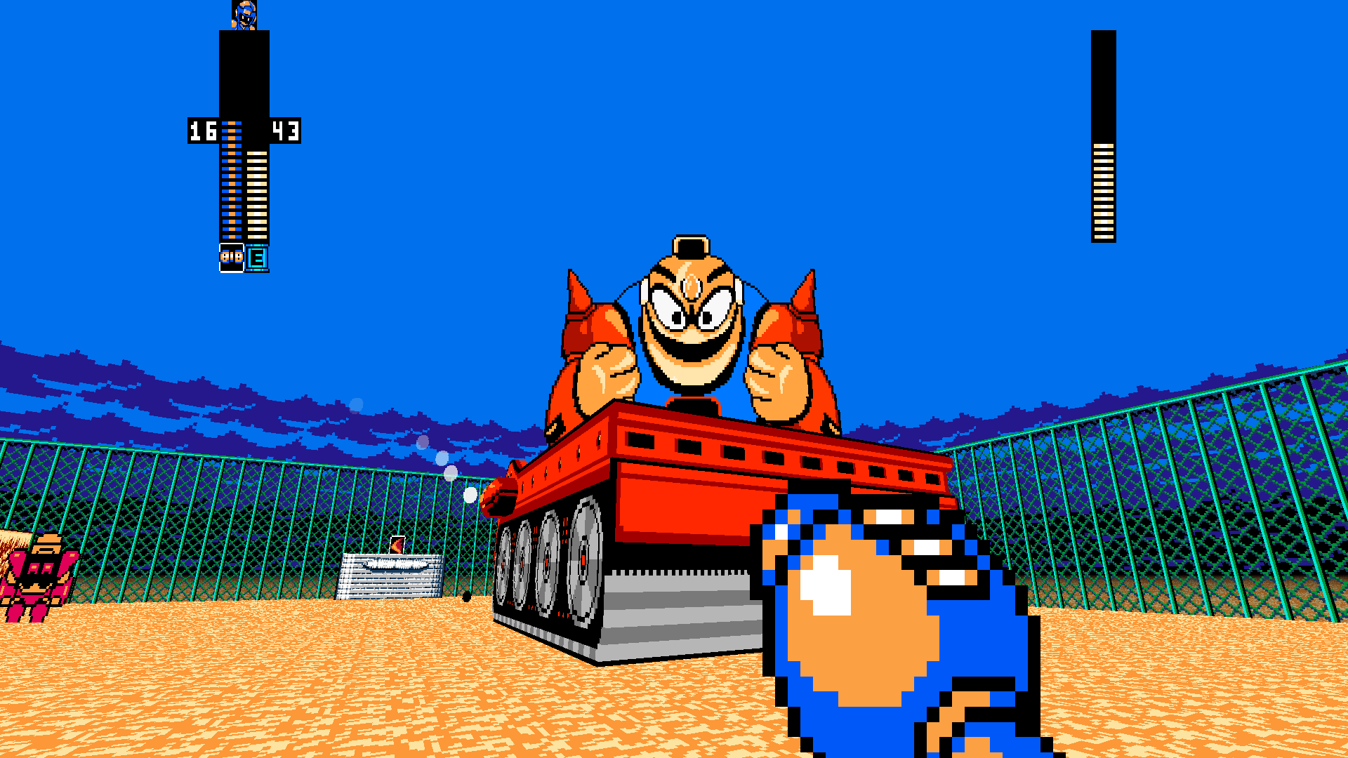 A player fighting a reimagined Guts Dozer with Napalm Bomb.
