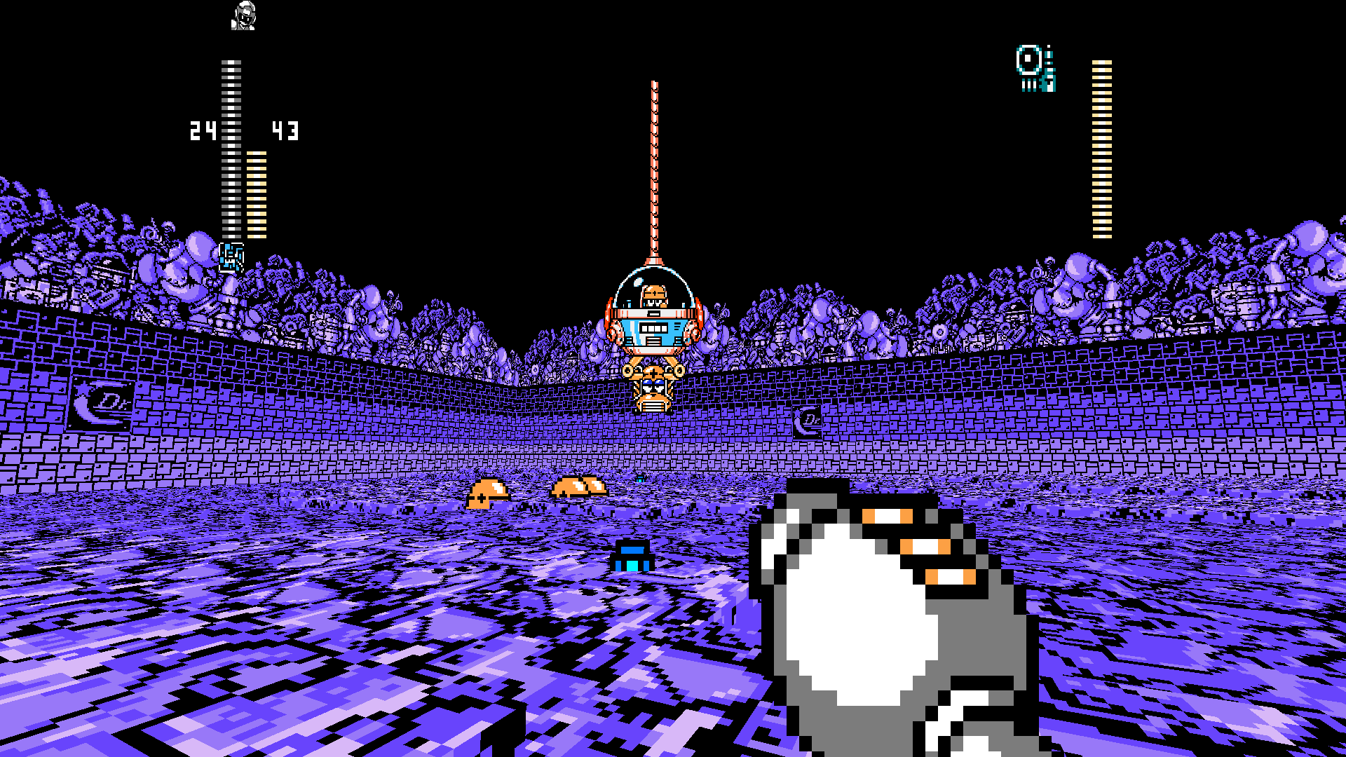 A player fighting a fun twist on Megaman 4's Cossack Catcher.
