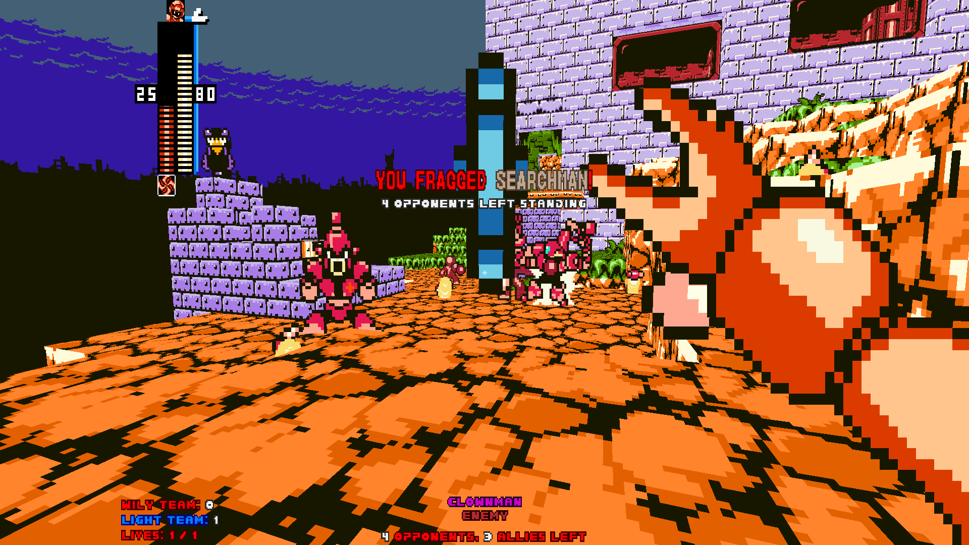 A player fighting on the edge of Shade Man's stage against two enemies.